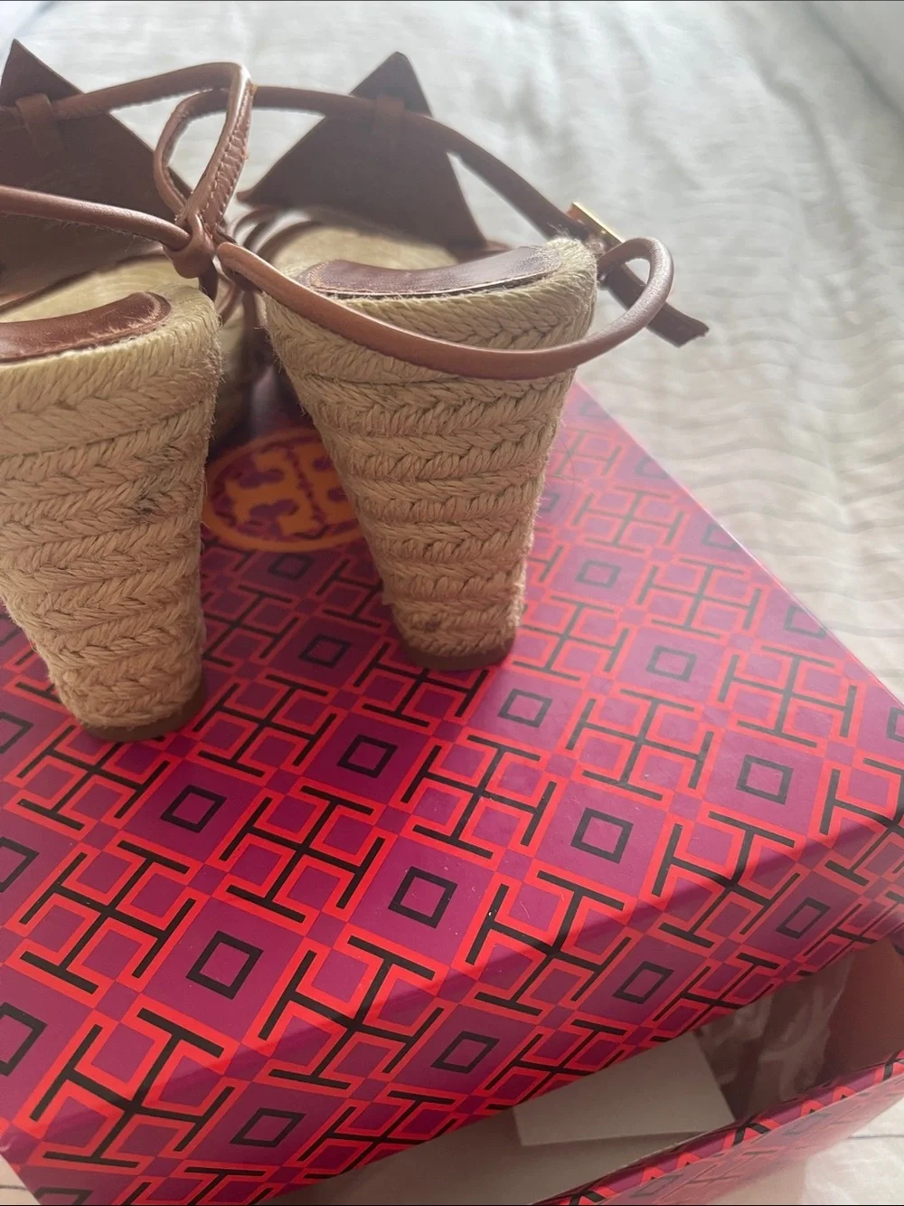 Tory Burch Tan Leather Espadrille Wedge Sandals